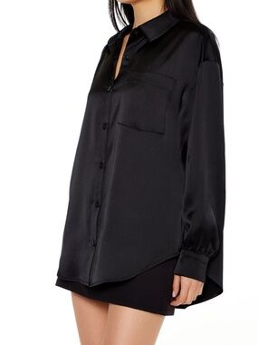 FOREVER 21 Black Oversized Satin Shirt Size LARGE